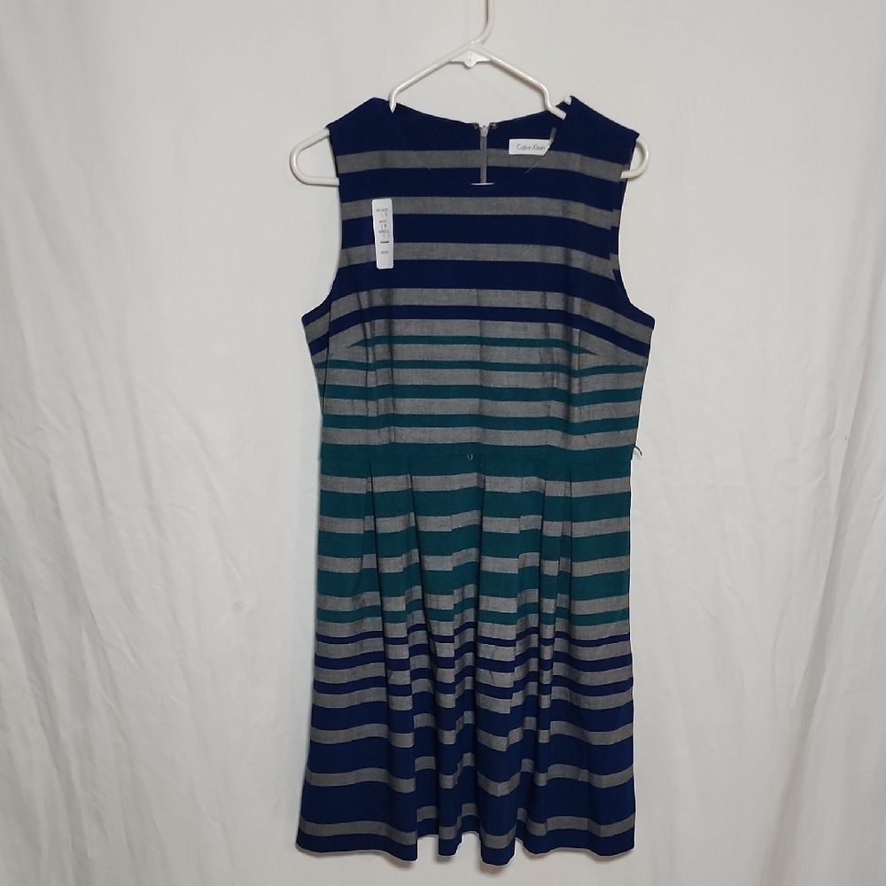 Calvin Klein Blue and Gray Striped Midi Dress
